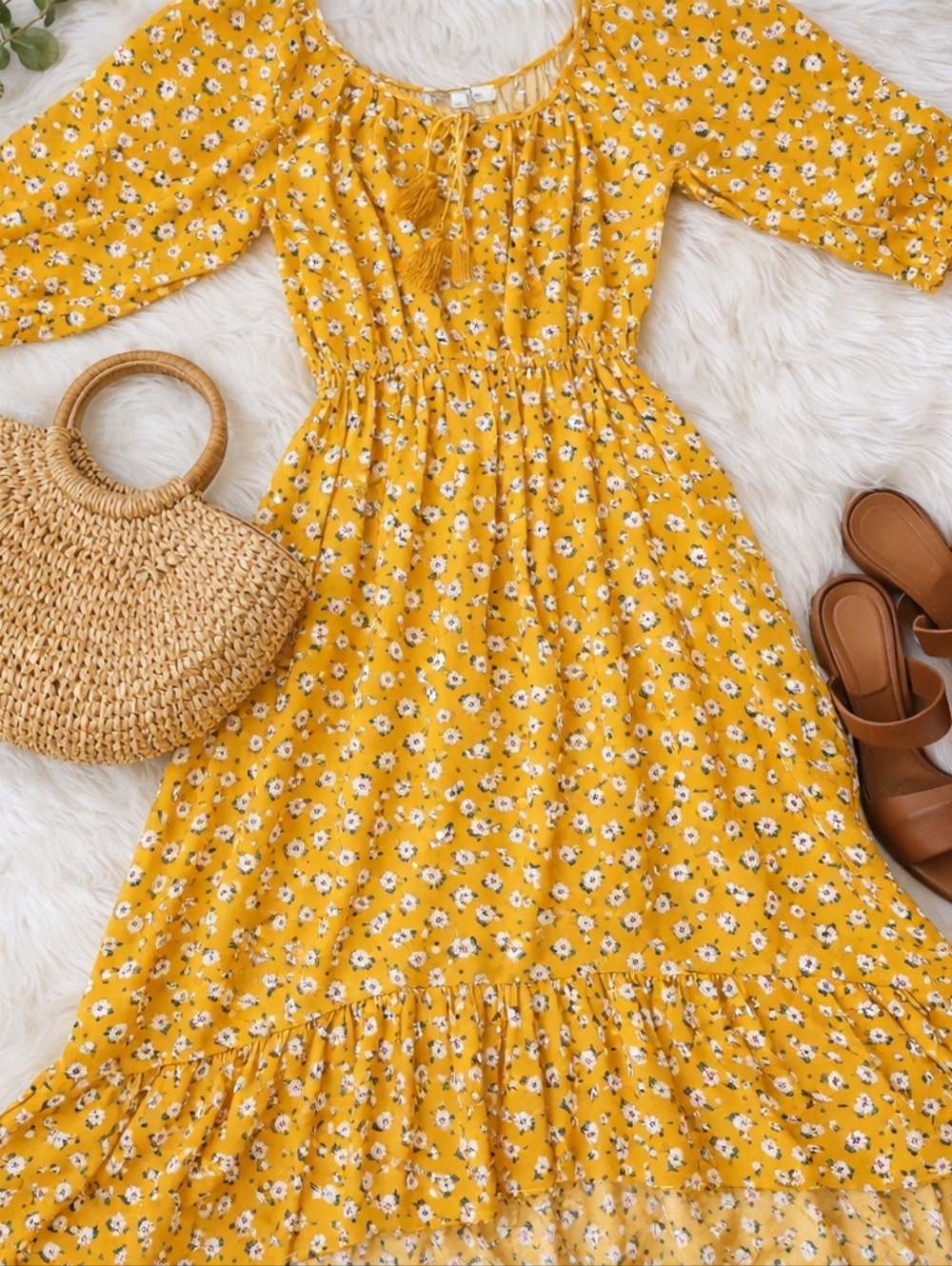 Boho Mustard Floral Midi Dress | Smocked Waist | Cottagecore / Country Chic 🌼